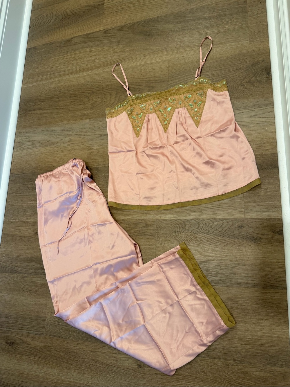 Vintage 2003 Victoria’s Secret Pink Satin Sequin Cami Pajama Set M Y2K